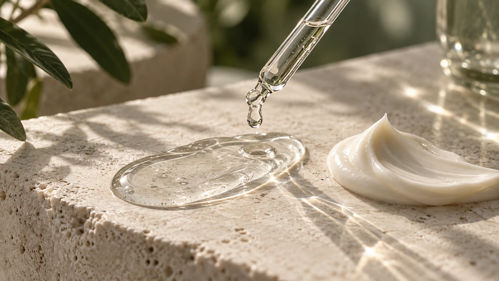 Pipette mit Serumtropfen neben transparenter Geltextur und einer weißen Creme auf hellem Stein